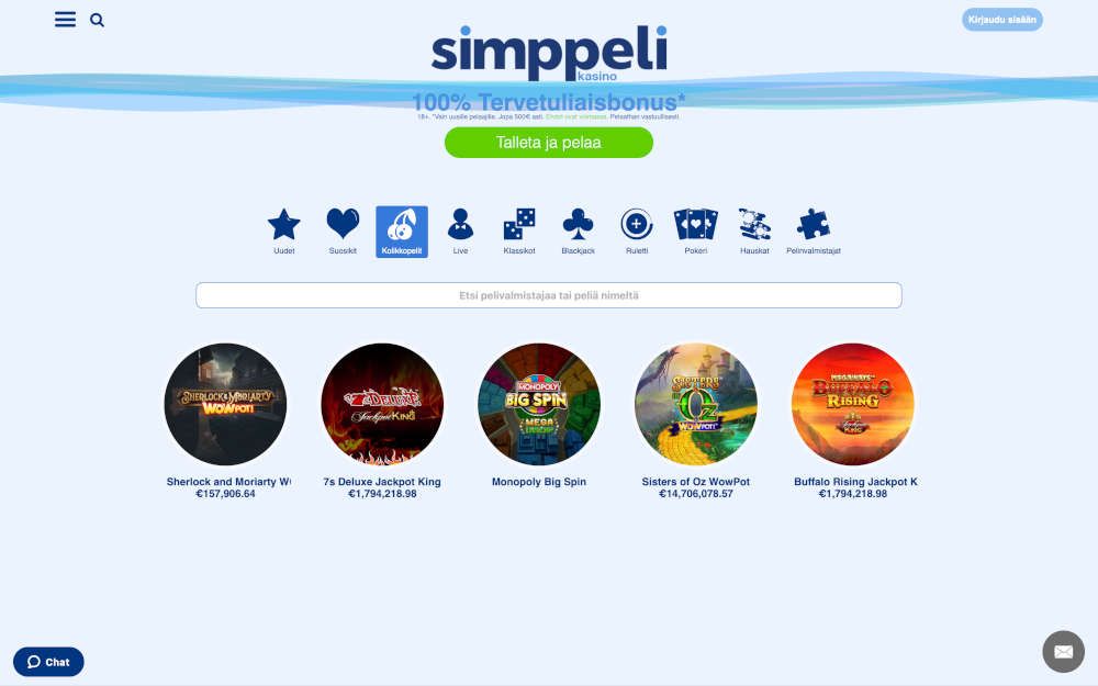 Simppeli Casino käyttöliittymä