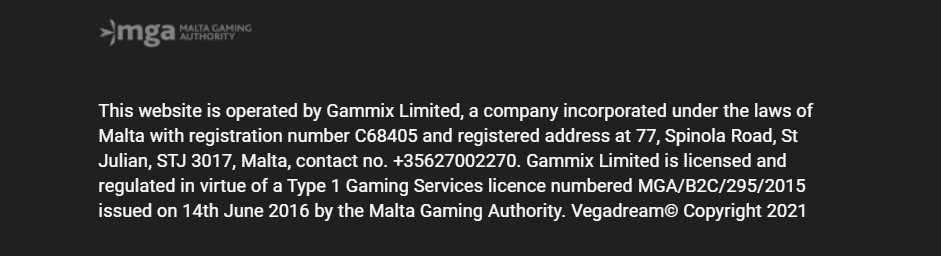 Vegadream Casino lisenssi