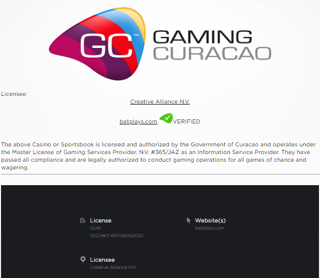 BetPlays Casinon lisenssisivusto