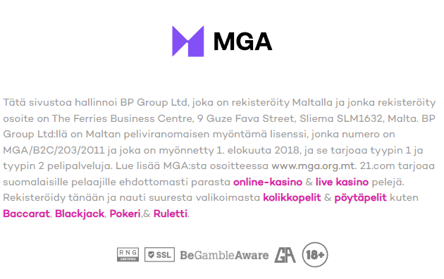 21.com Casino lisenssi
