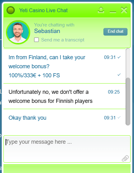 Yeti Casino livechat