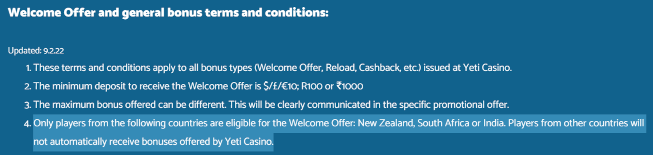 Yeti Casino bonus T&Cs