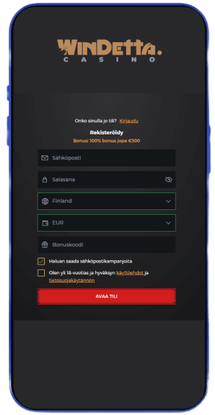 Windetta Casino rekisteröinti