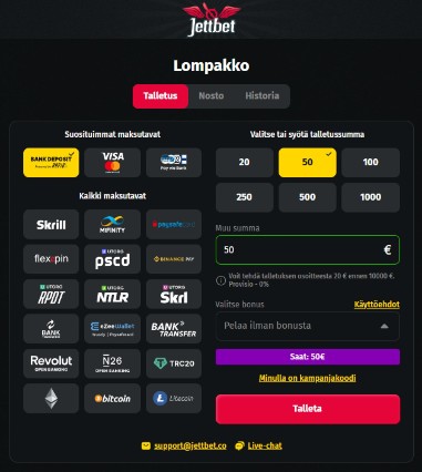 Jettbet Casino rahansiirrot