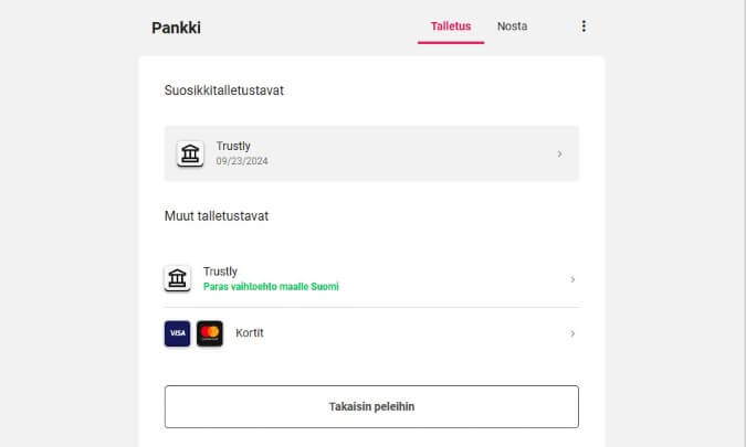 Spin Casino rahansiirrot