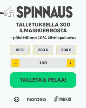 Spinnaus Casino talletus hyödyntää Brite-verkkopankkimaksuja. Spinnaus Casino talletus hyödyntää Brite-verkkopankkimaksuja.