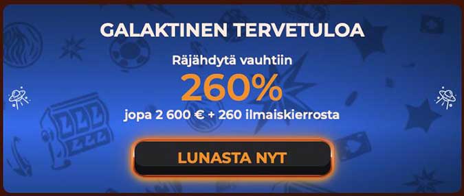  Vegazone Casino bonus sisältää 2 600€ pelirahaa ja 260 ilmaiskierrosta.