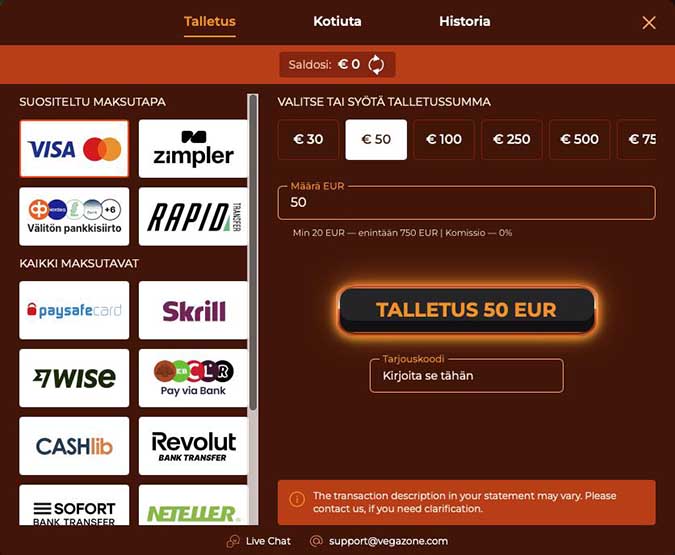  Vegazone talletus on mahdollista monilla maksutavoilla