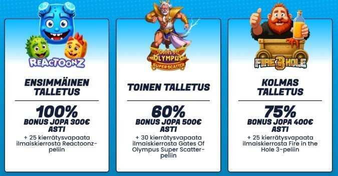 Mainio Kasino bonus Mainio Kasinon 1 200€ bonus jakautuu 3 talletukselle.